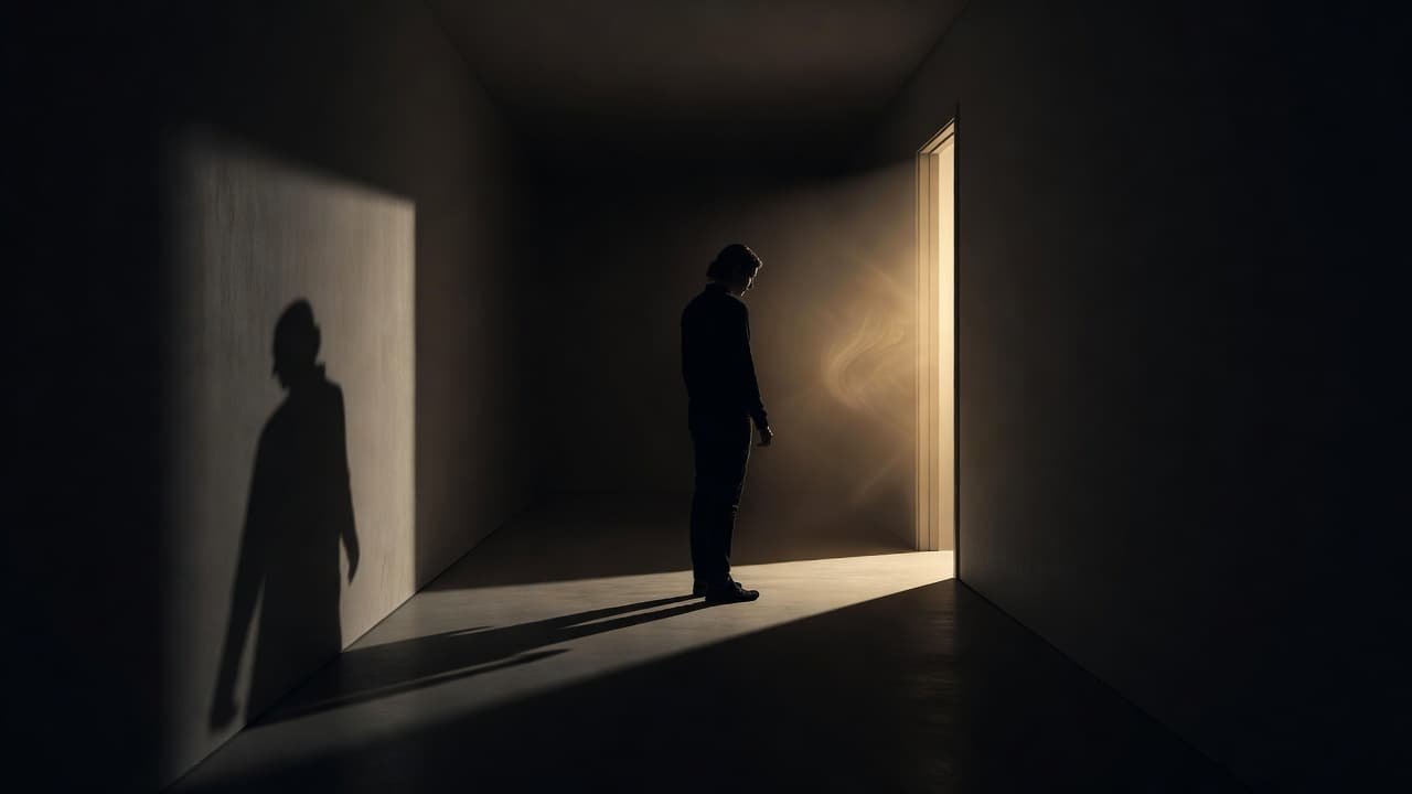 A dark-clothed woman stands in a shadowy hallway gazing toward a bright light in an open room.