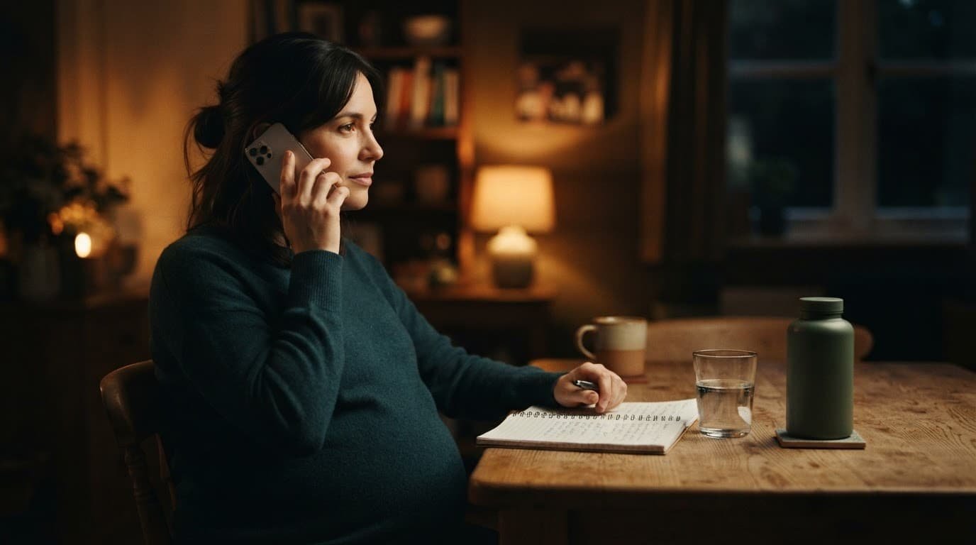 Pregnant woman using a phone beside a notebook at a kitchen table.