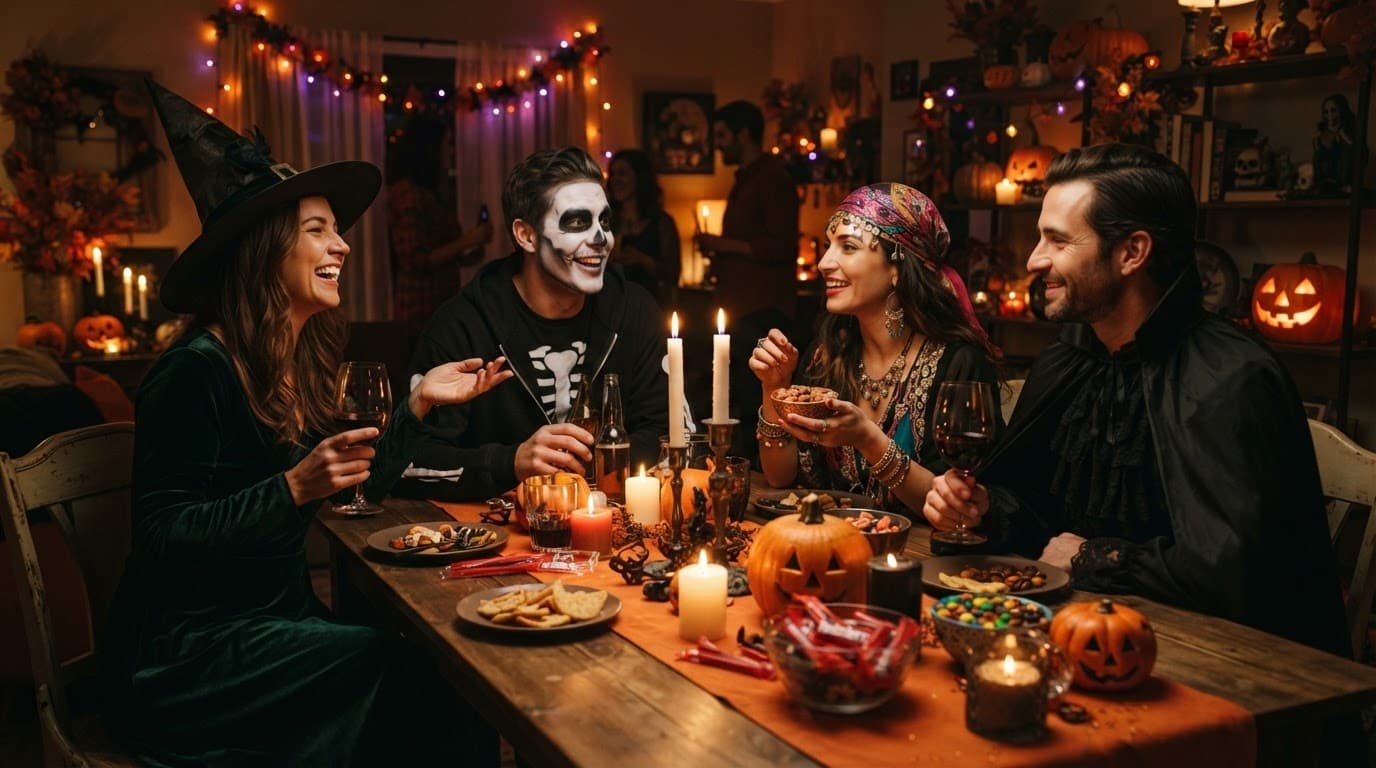Four costumed adults talk around a candlelit Halloween table with pumpkins and candy.