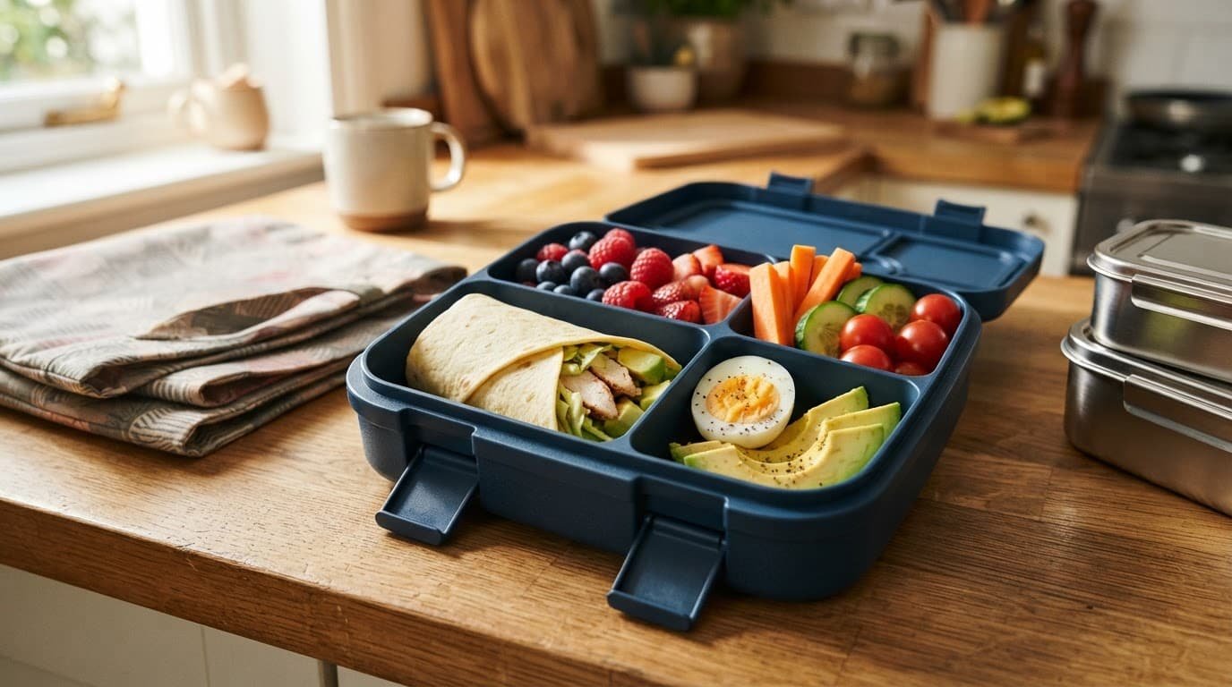 An allergy-aware lunch box with separated wrap, chicken, egg, avocado, fruit, and vegetables.