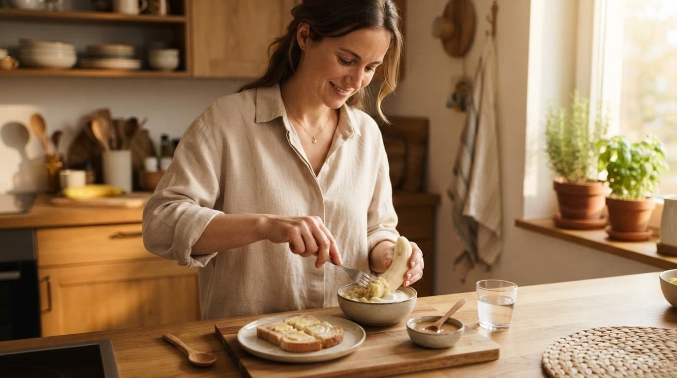 Caregiver preparing fruit, yogurt, toast, and seed butter in a sunny kitchen.