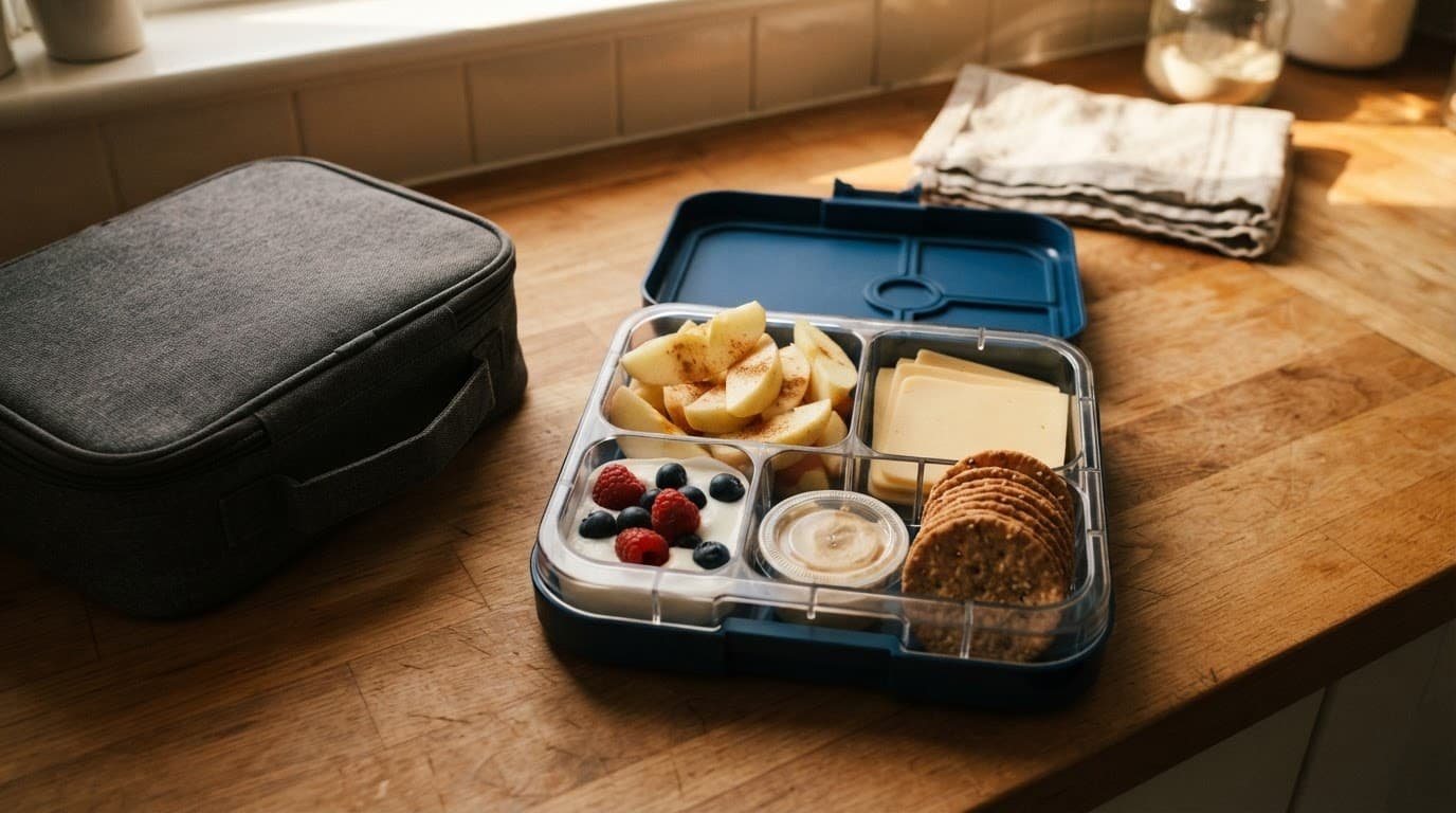 Separated school snacks sit in one container beside an insulated lunch bag.