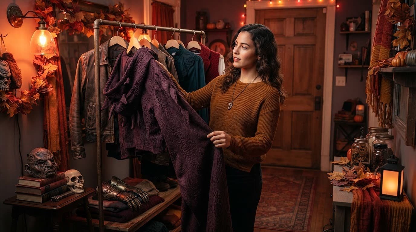 A shopper compares Halloween costume ideas beside a clothing rack and autumn decorations.