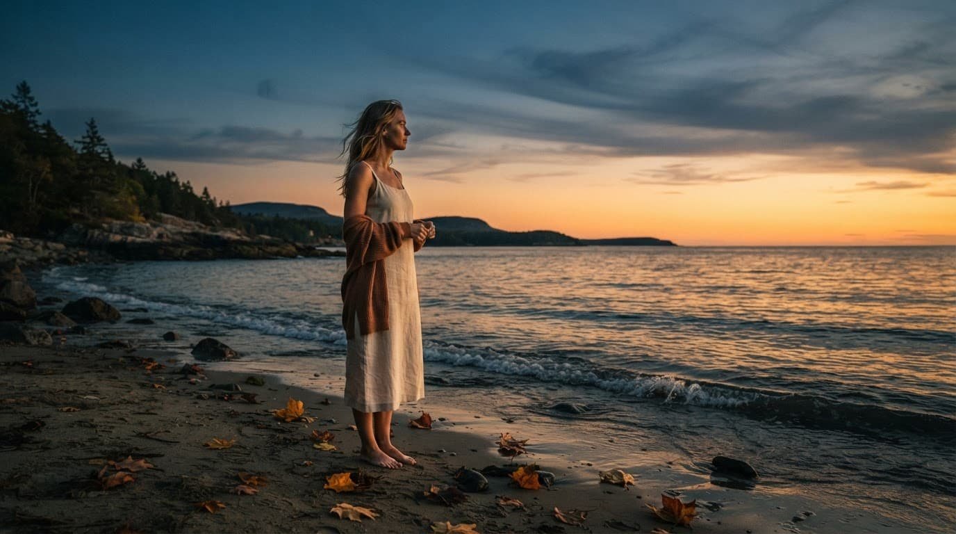 A person stands by the shore with a sweater as sunset fades into blue evening.