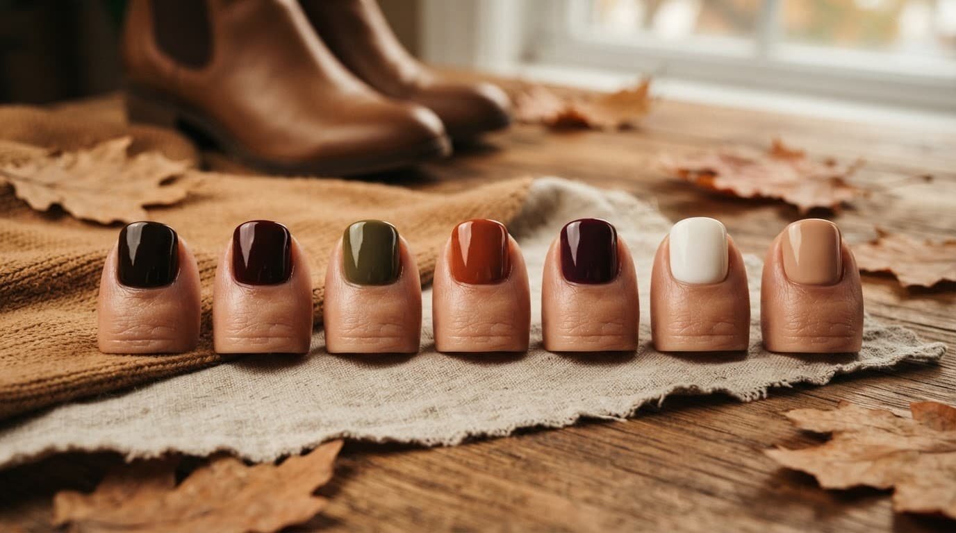 Short toenail swatches in rich fall colors arranged with boots, leaves, and knit fabric.