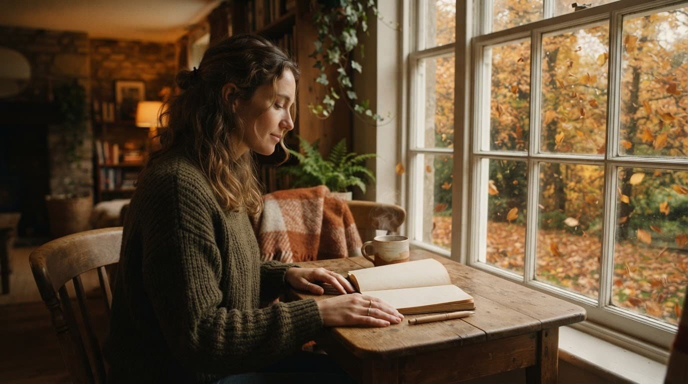 A person journals beside a window with a mug and falling autumn leaves outside.