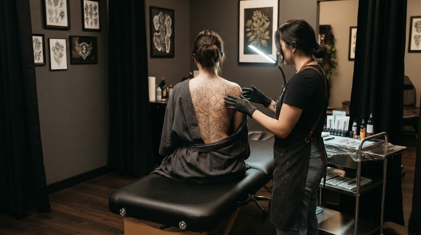 Woman receives a back tattoo consultation in a clean studio.