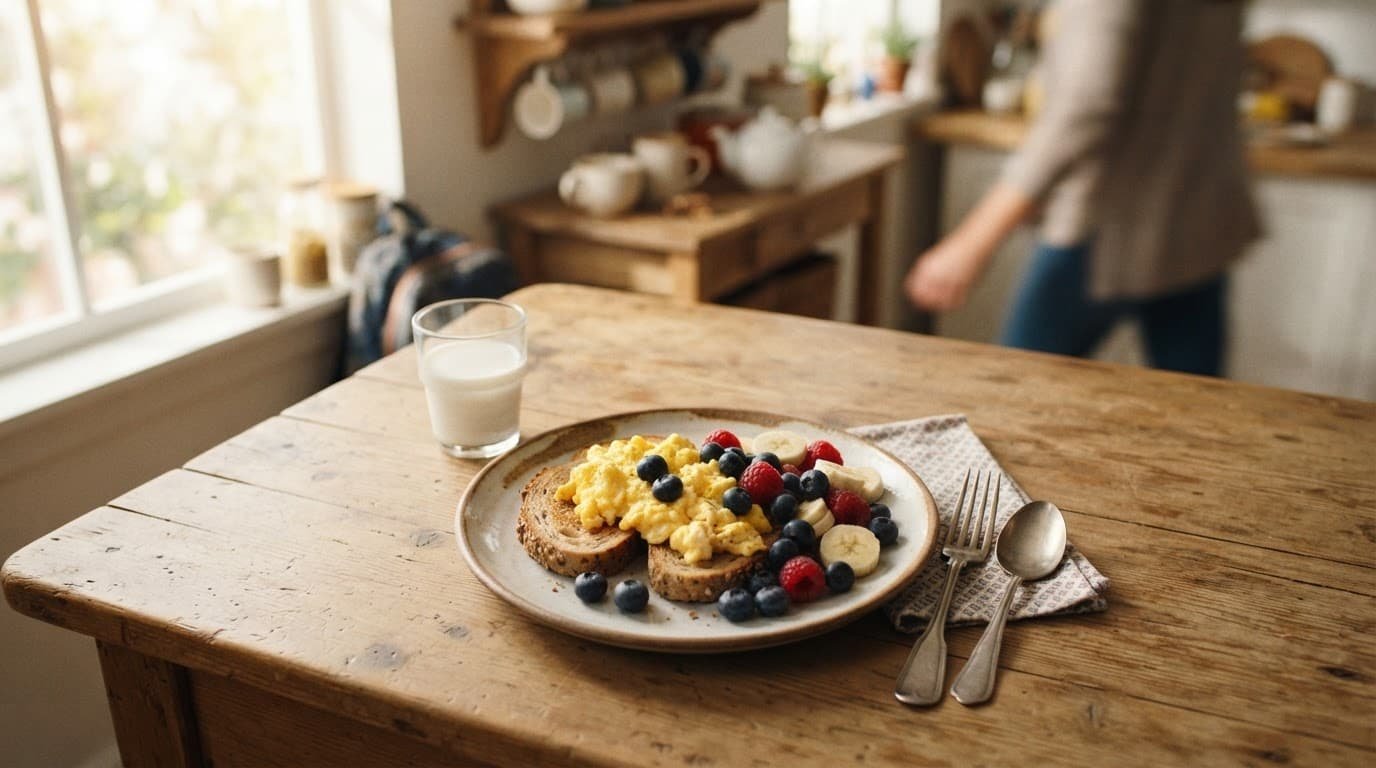 A balanced kids&rsquo; breakfast with toast, egg, fruit, and milk on a kitchen table.