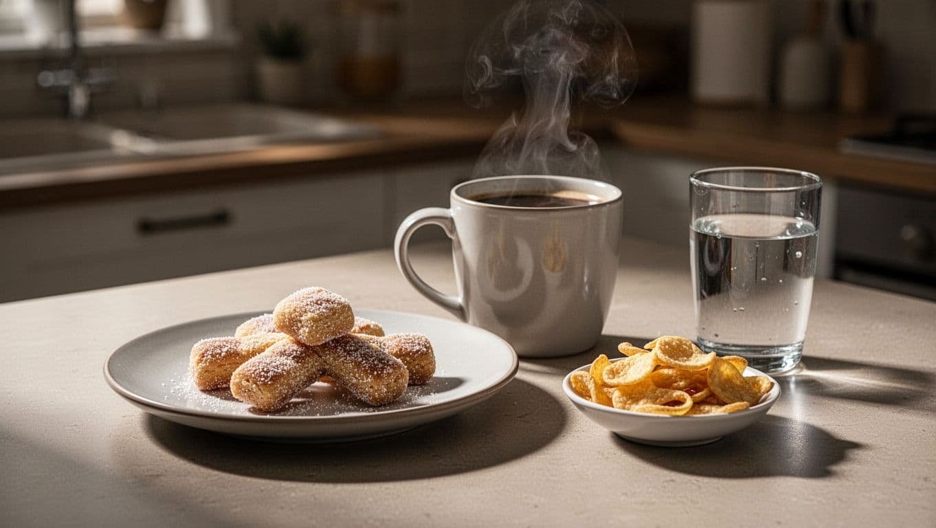 A balanced plate beside a pastry, coffee, water glass, and processed snacks on a kitchen counter.