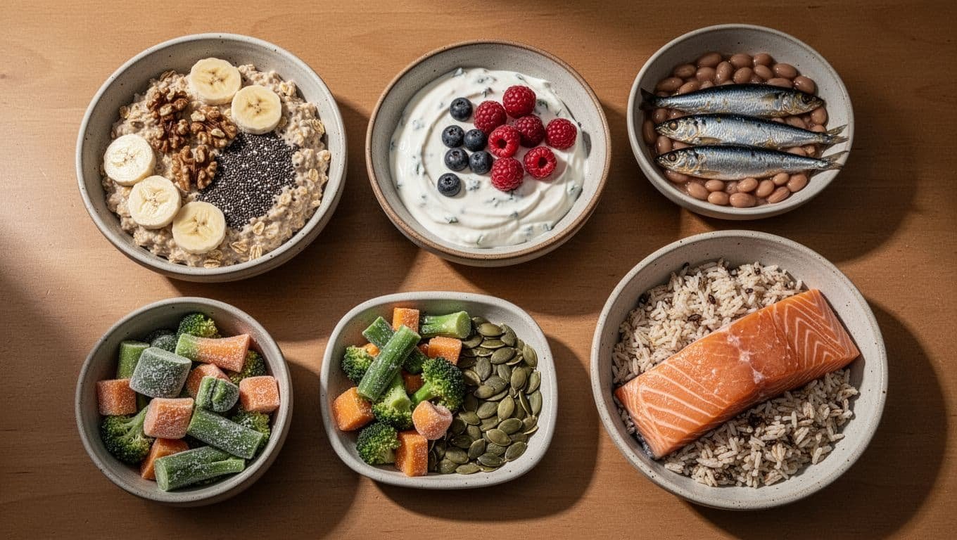 Overhead spread of oatmeal, yogurt, sardines, vegetables, seeds, and a salmon grain bowl.