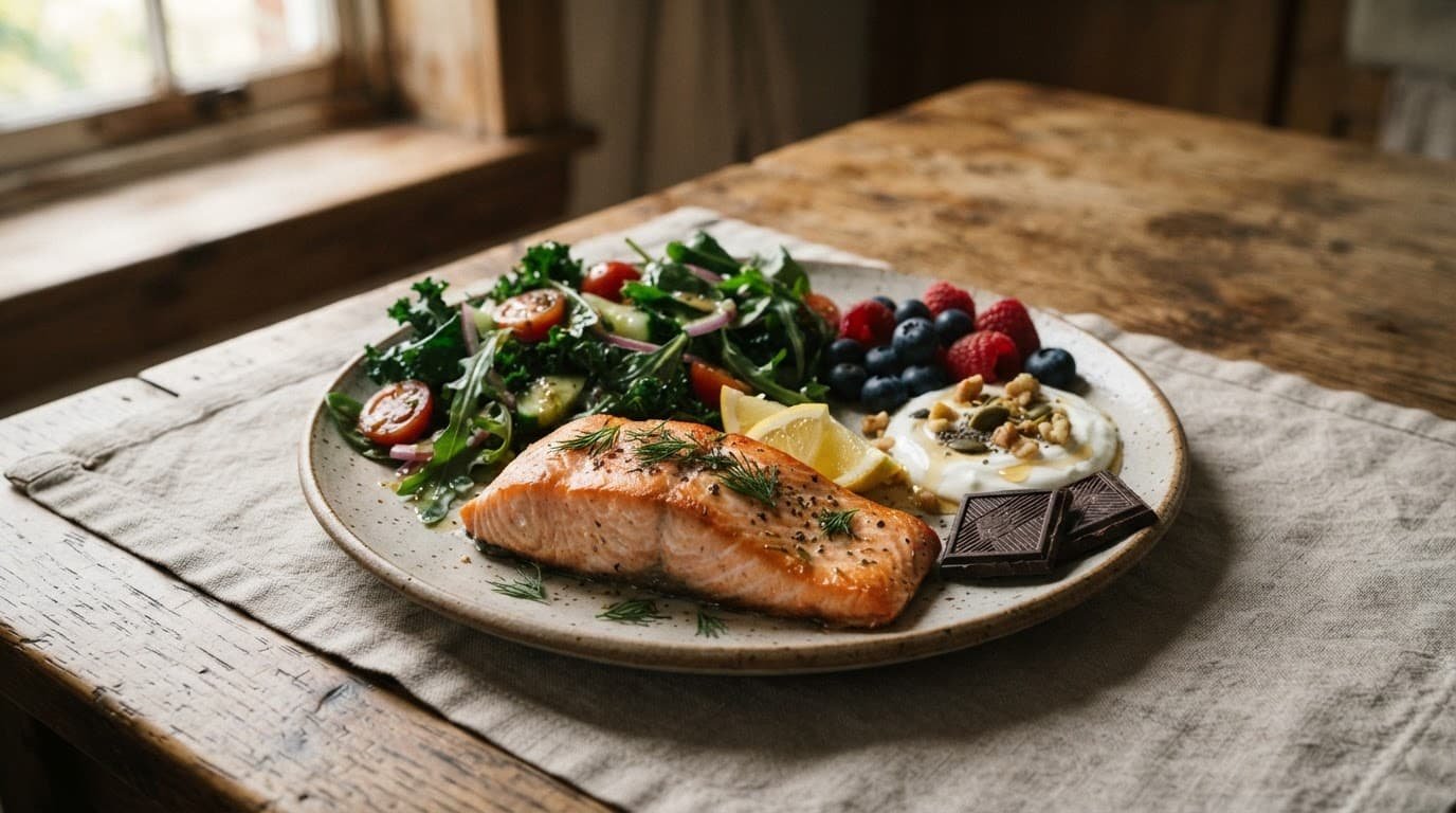 A salmon plate with greens, berries, yogurt, nuts, and dark chocolate.