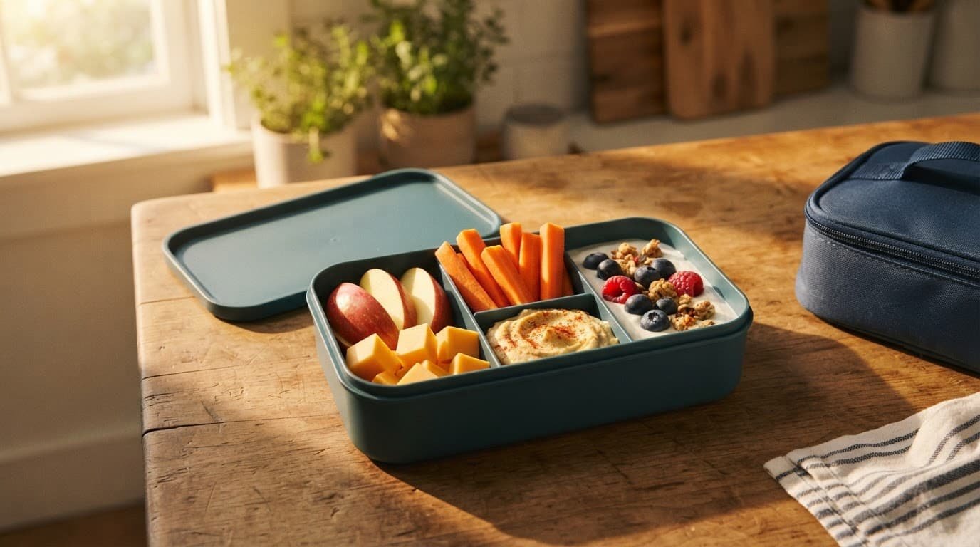 A snack box holds fruit, cheese, carrots with hummus, and yogurt with berries.