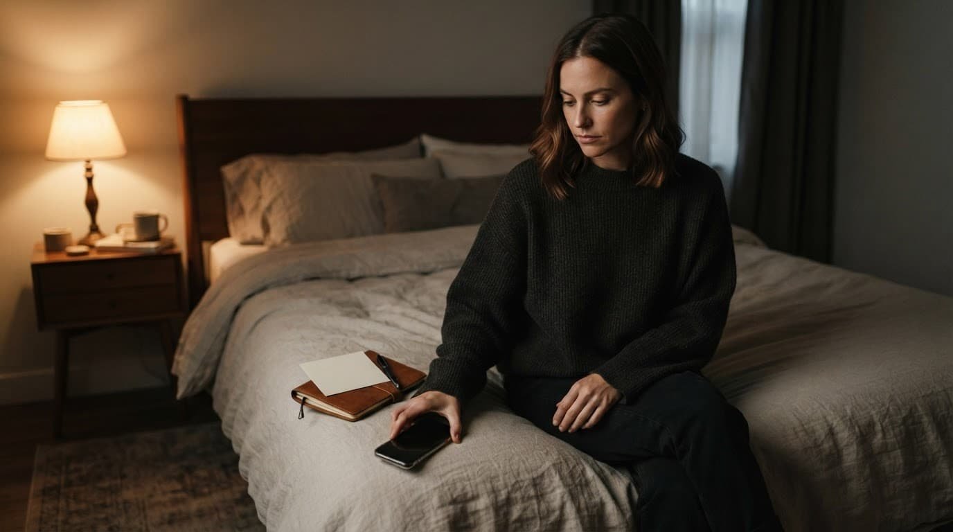 Woman sits on a bed, placing her phone face down beside a notebook and support card.
