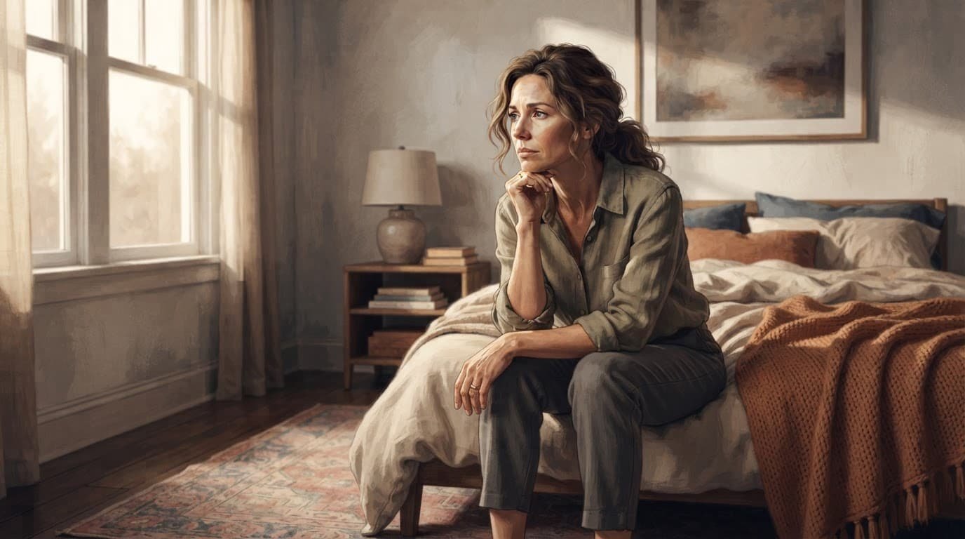 A woman sits alone on a bed in dramatic window light.