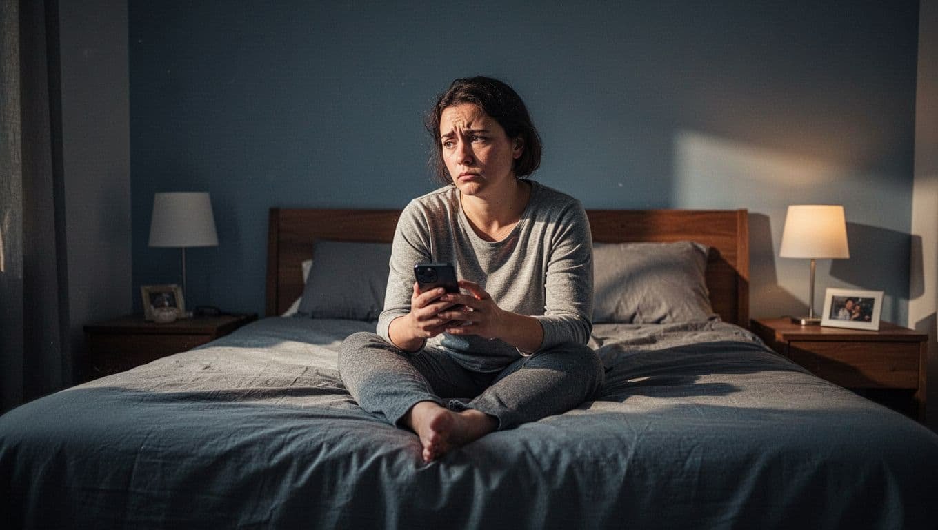 A tired person sits on a bed holding a phone and looking away.