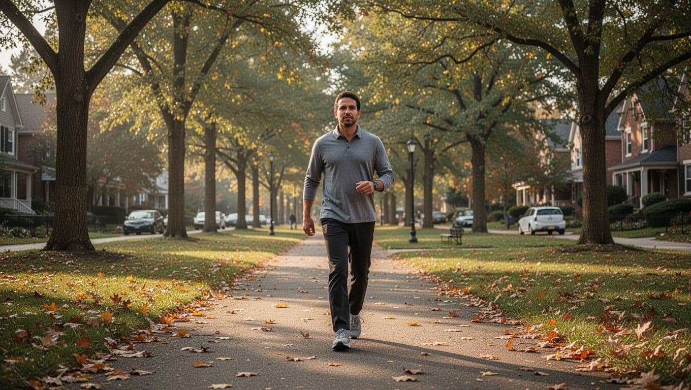 An adult walks along a leafy park path in warm morning light.