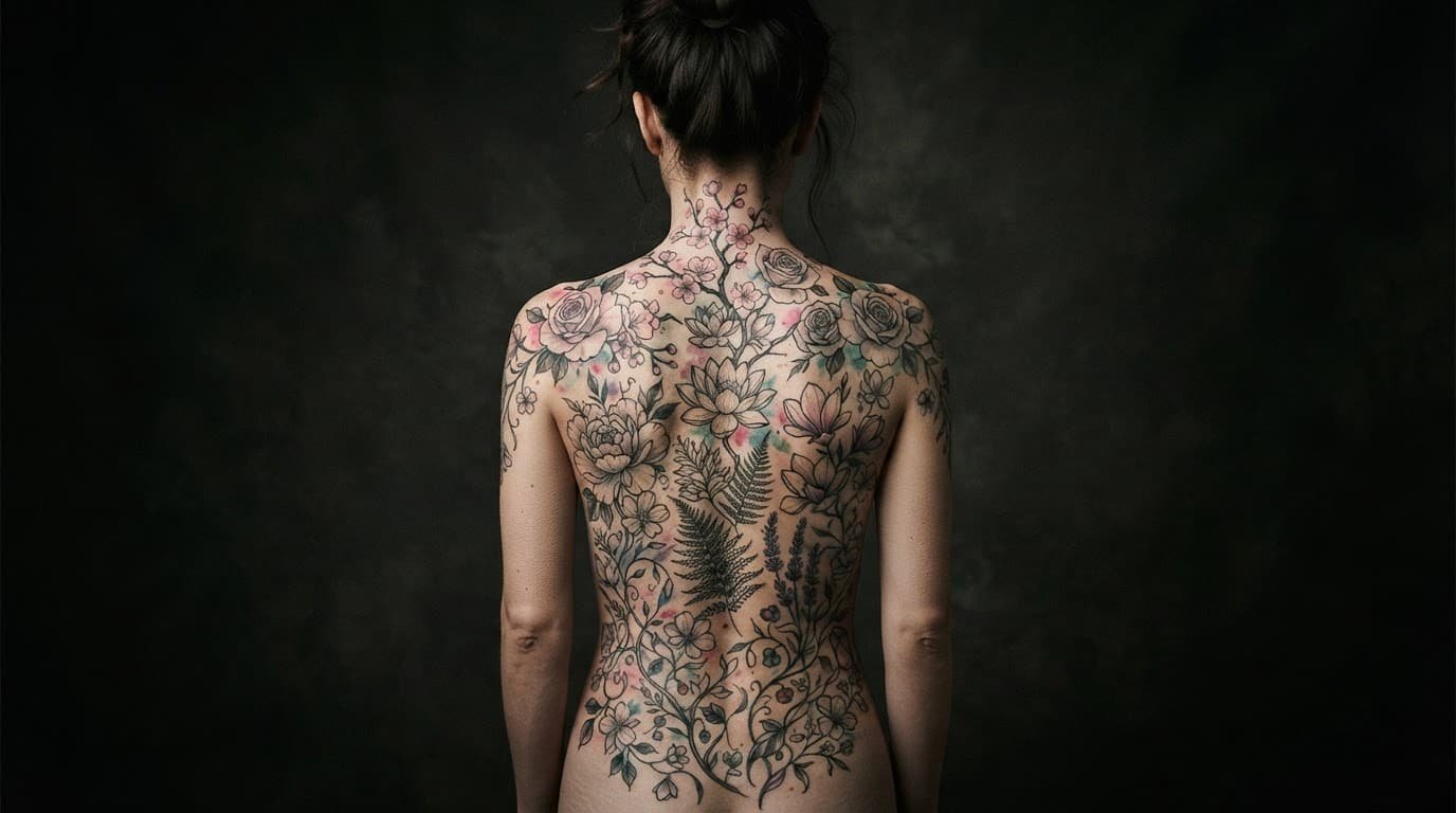 A woman shows a detailed floral tattoo covering her back in a neutral studio.