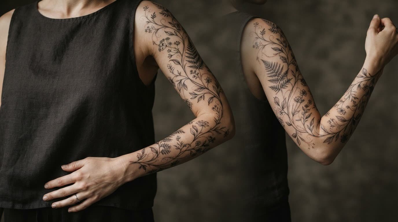 A woman's arm shows a botanical half-sleeve flowing from shoulder to wrist.