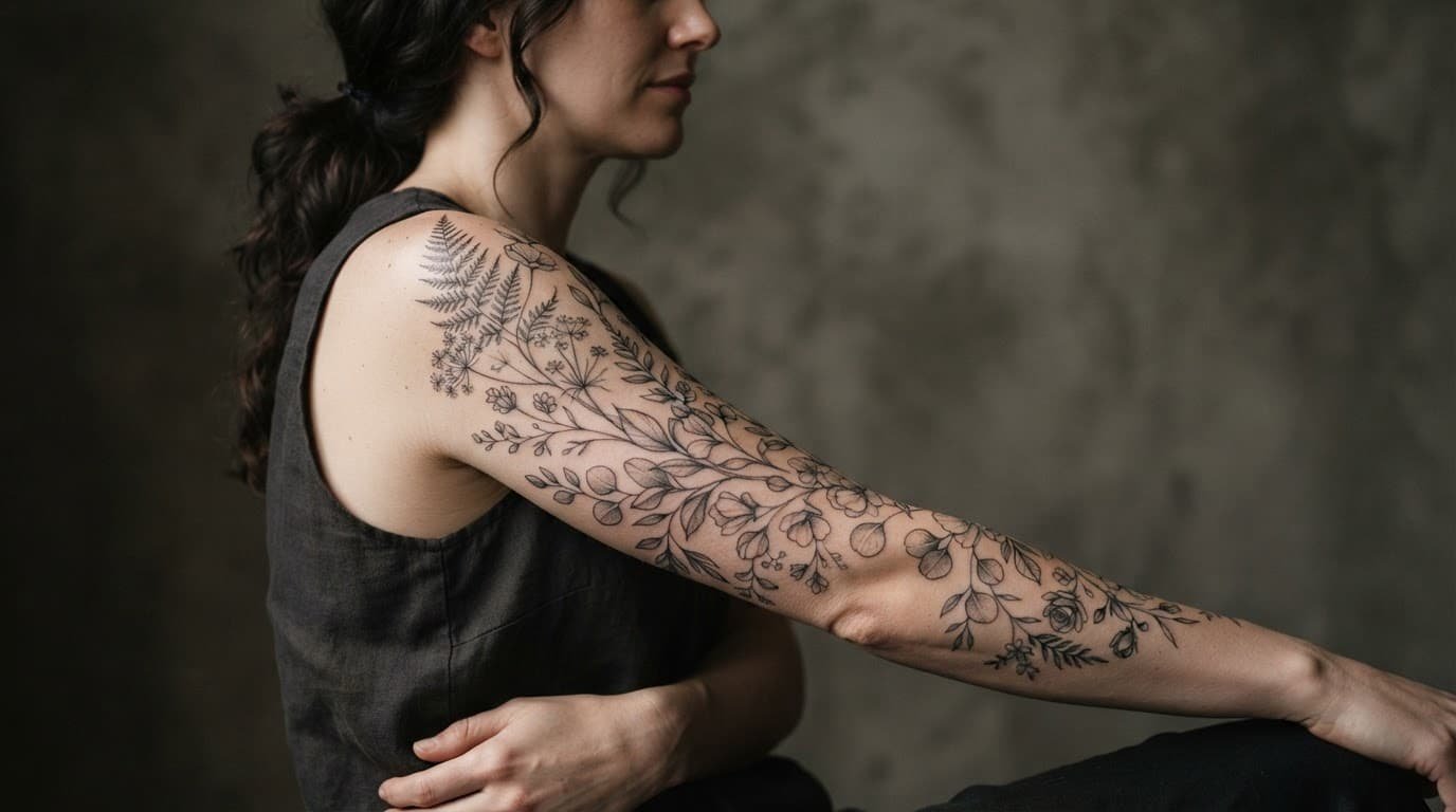 Woman showing a delicate botanical half-sleeve tattoo from shoulder to elbow.