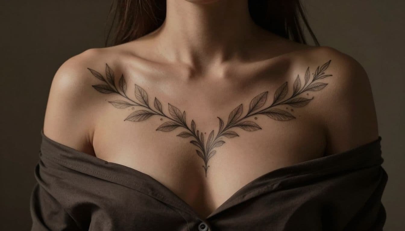 Woman’s torso showing a symmetrical botanical tattoo centered over the breastbone.