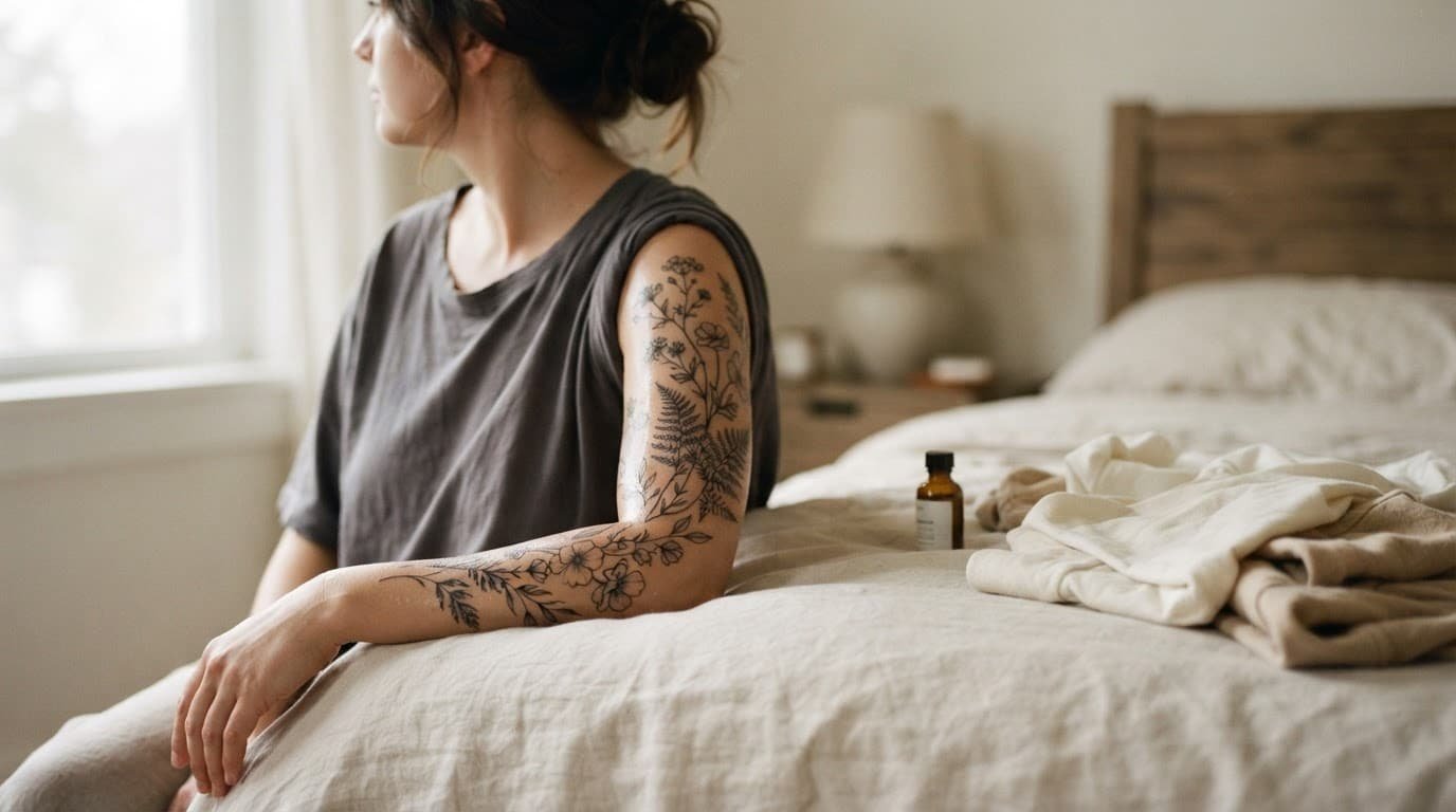 A woman’s botanical tattooed arm rests near folded cotton clothing in a softly lit room.