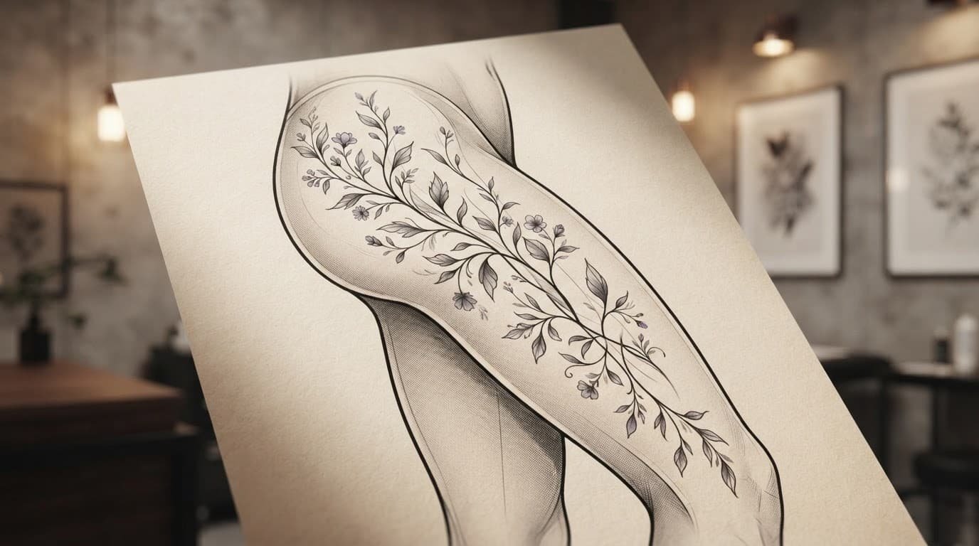 An elegant vine tattoo with leaves and flowers decorates an illustrated thigh.