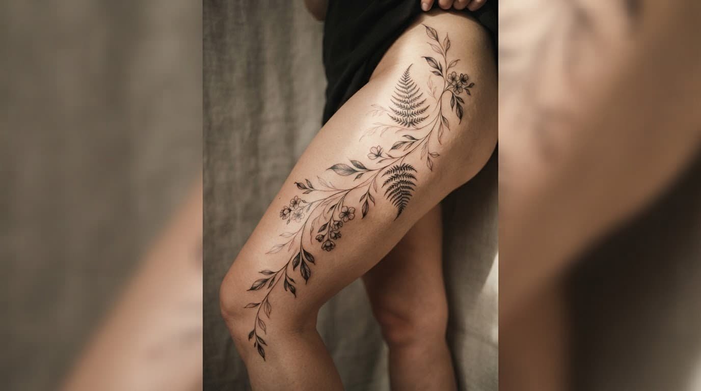A botanical tattoo stencil curves along one woman&rsquo;s thigh in a warm studio.