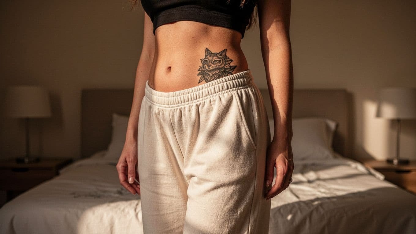 Woman in loose lounge pants with a hip tattoo in a softly lit bedroom.