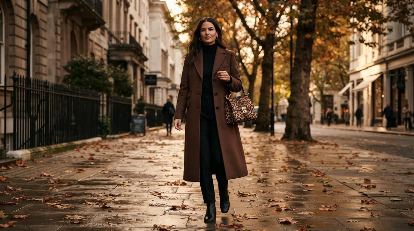 Woman in a long brown coat with a leopard-print handbag on an autumn sidewalk.