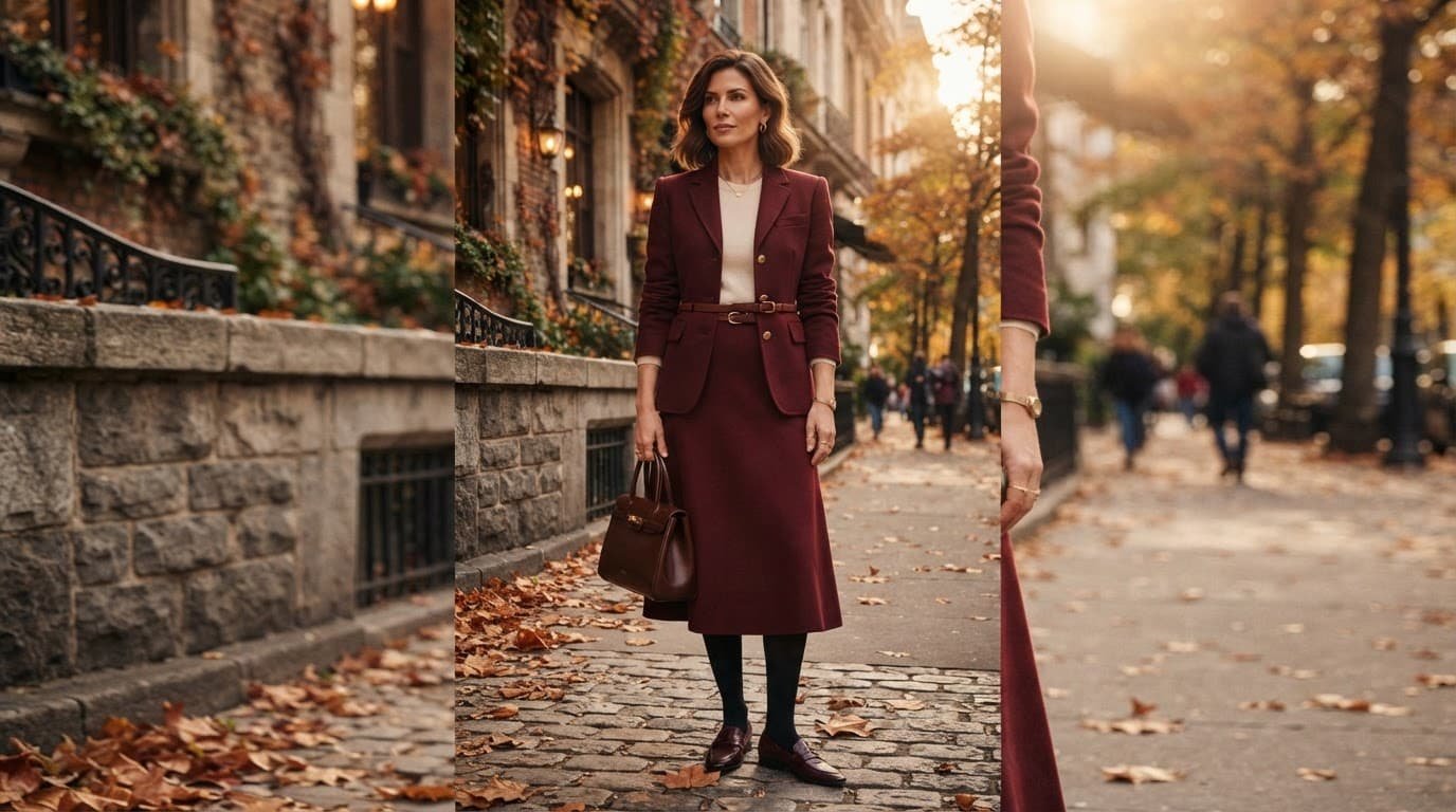 Woman in a burgundy skirt suit and cream sweater on an autumn city sidewalk.