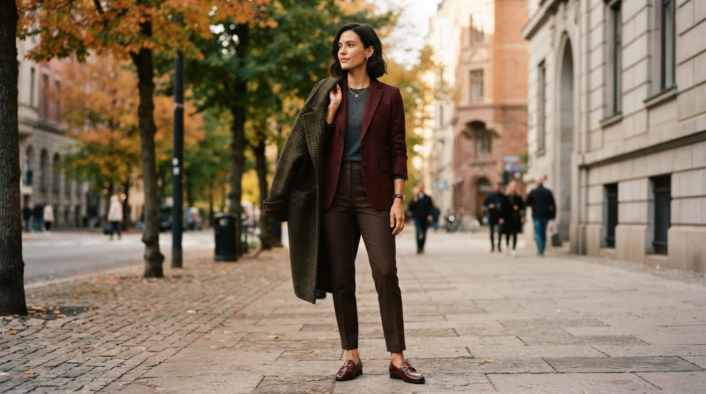 Woman in a burgundy blazer and cocoon coat on an autumn city sidewalk.