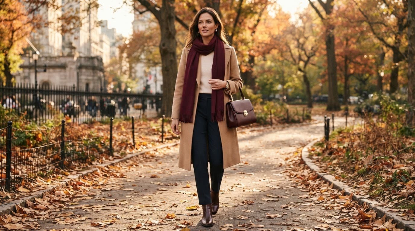 Woman in a camel coat and burgundy scarf walking through an autumn park.