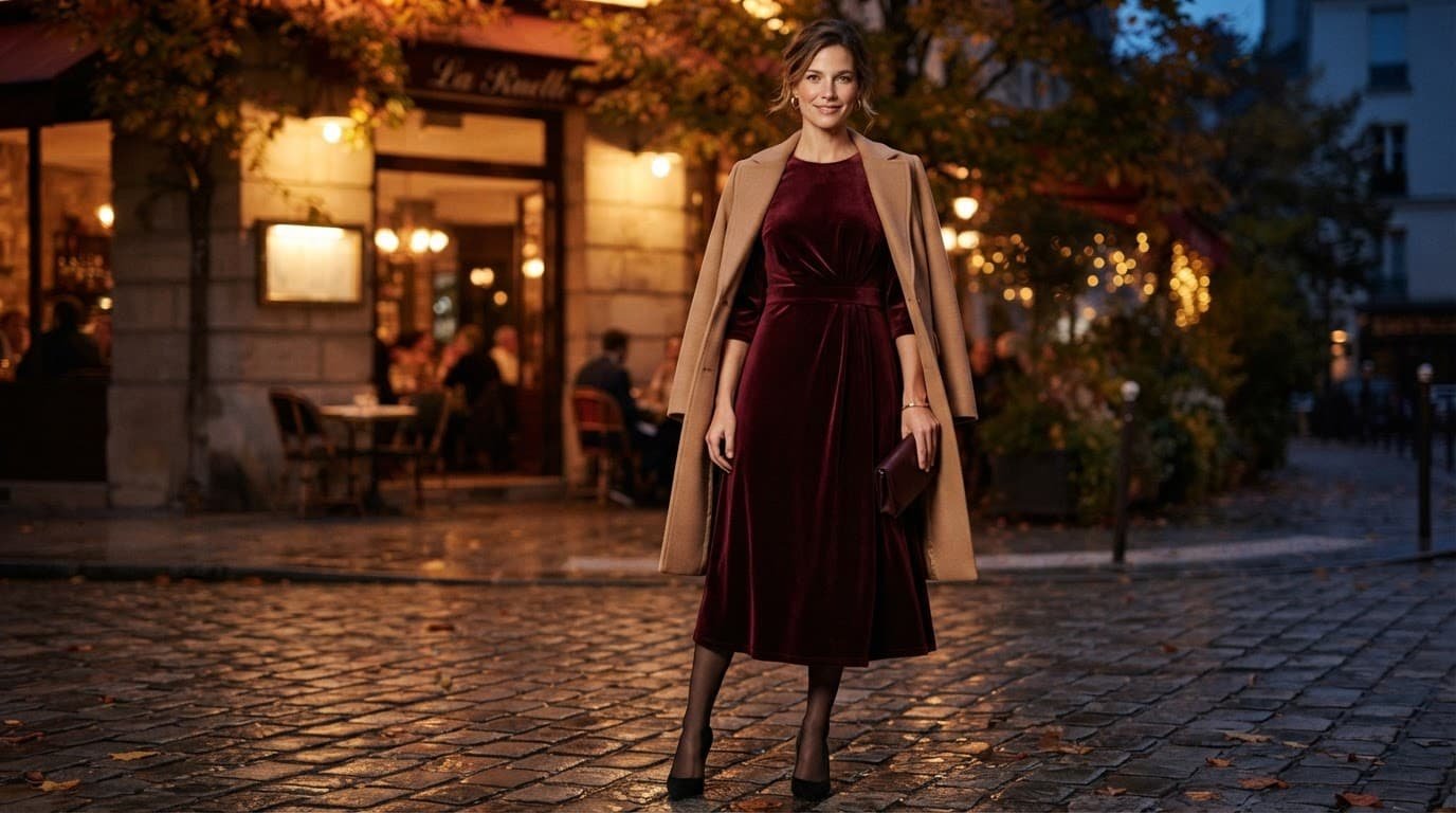 Woman in a burgundy velvet dress and camel coat outside a warmly lit restaurant.