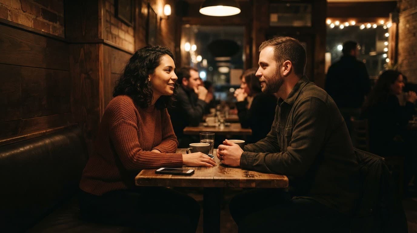 Two adults have a calm conversation at a small cafe table with a phone nearby.