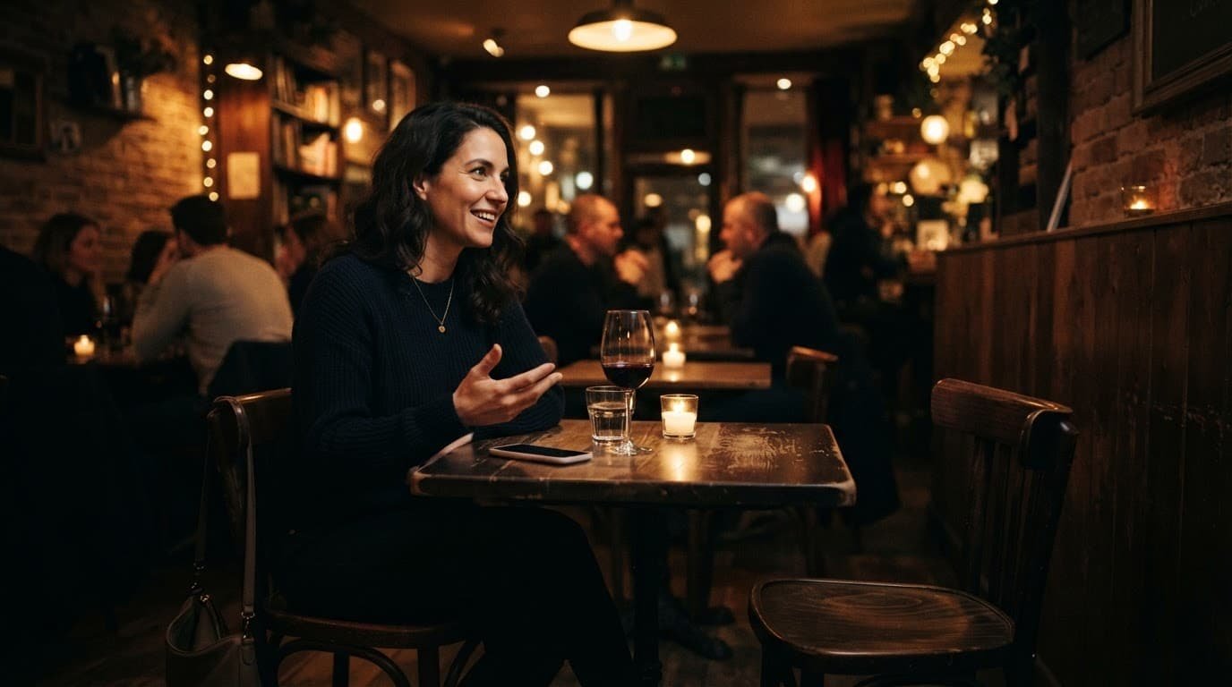 An adult sits at a cafe table with a phone and an empty chair.