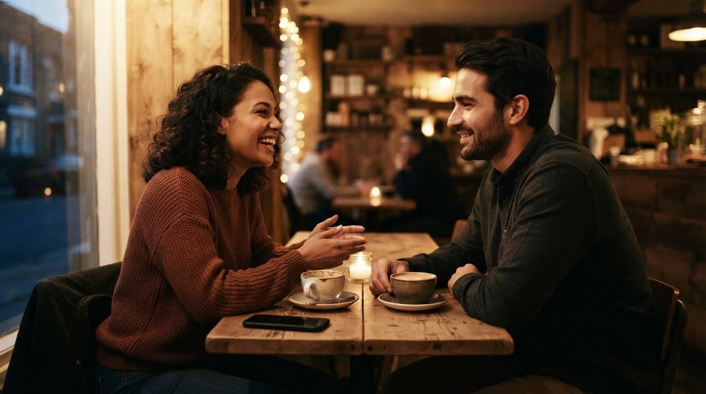 Two adults talk at a cafe table with coffee cups and a phone.