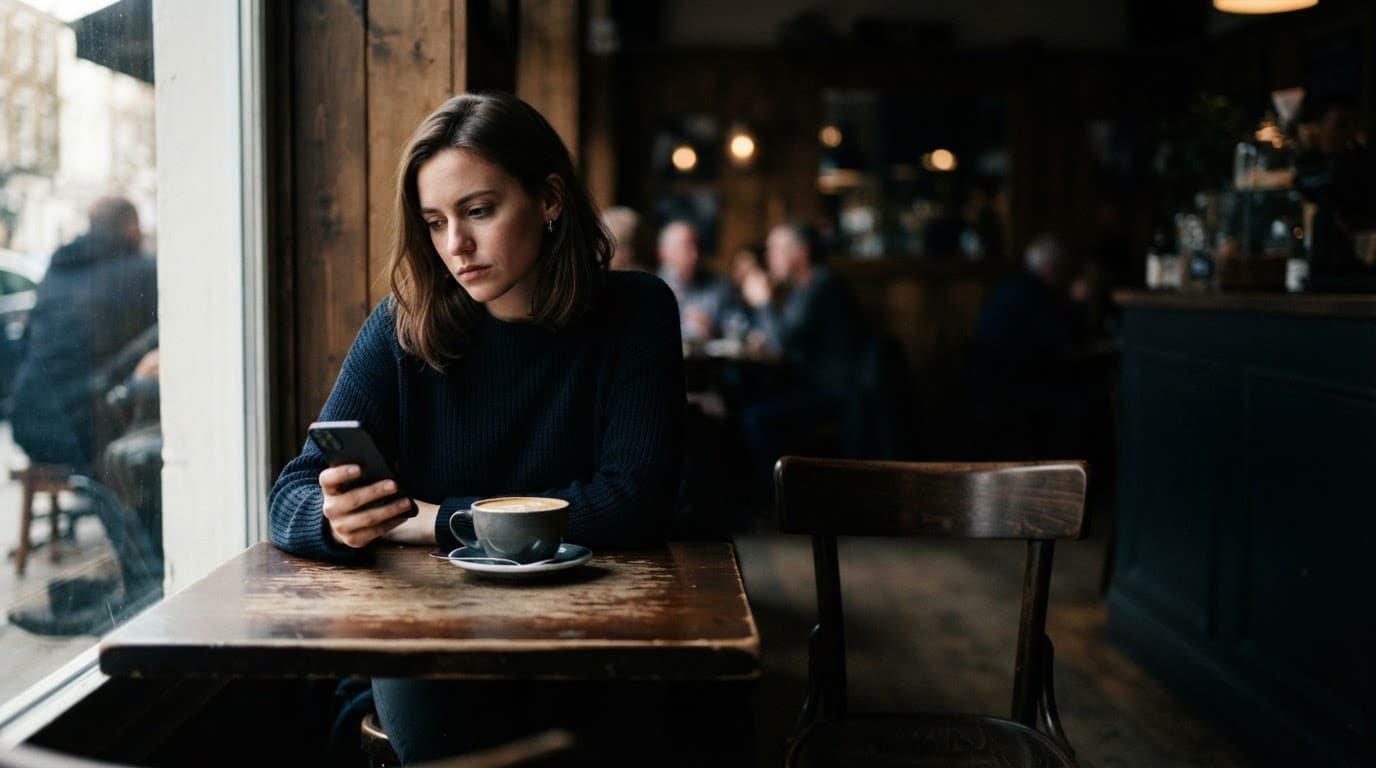 A woman studies her phone beside untouched coffee with an empty chair across the cafe table.