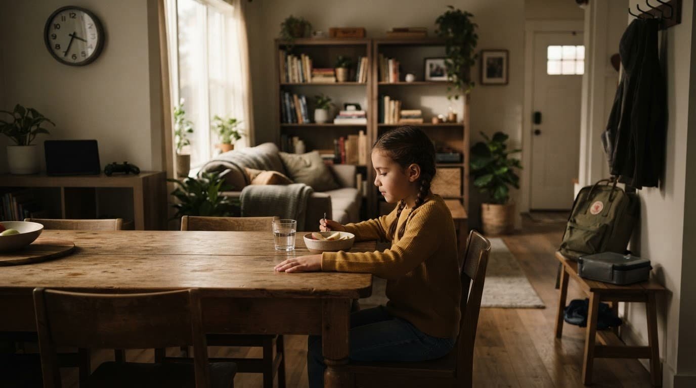 A child in a warm living room with a backpack, lunchbox, tablet, and controller on a shelf.