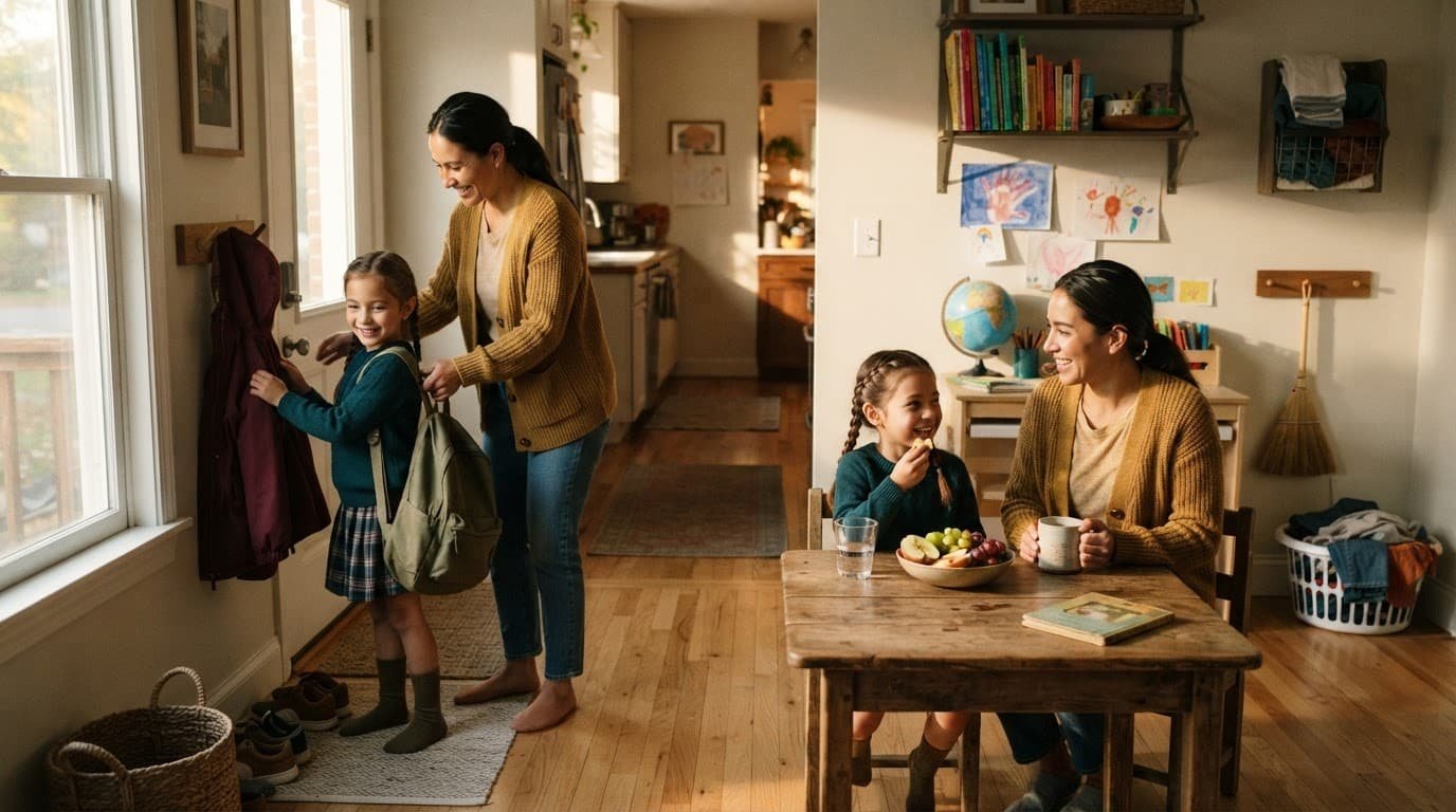 A caregiver and child share a snack in a warm home after school.