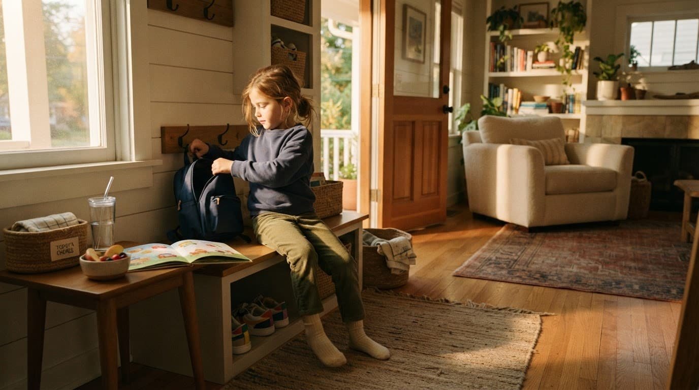 A child places belongings away beside a snack, water, book, and chore basket.