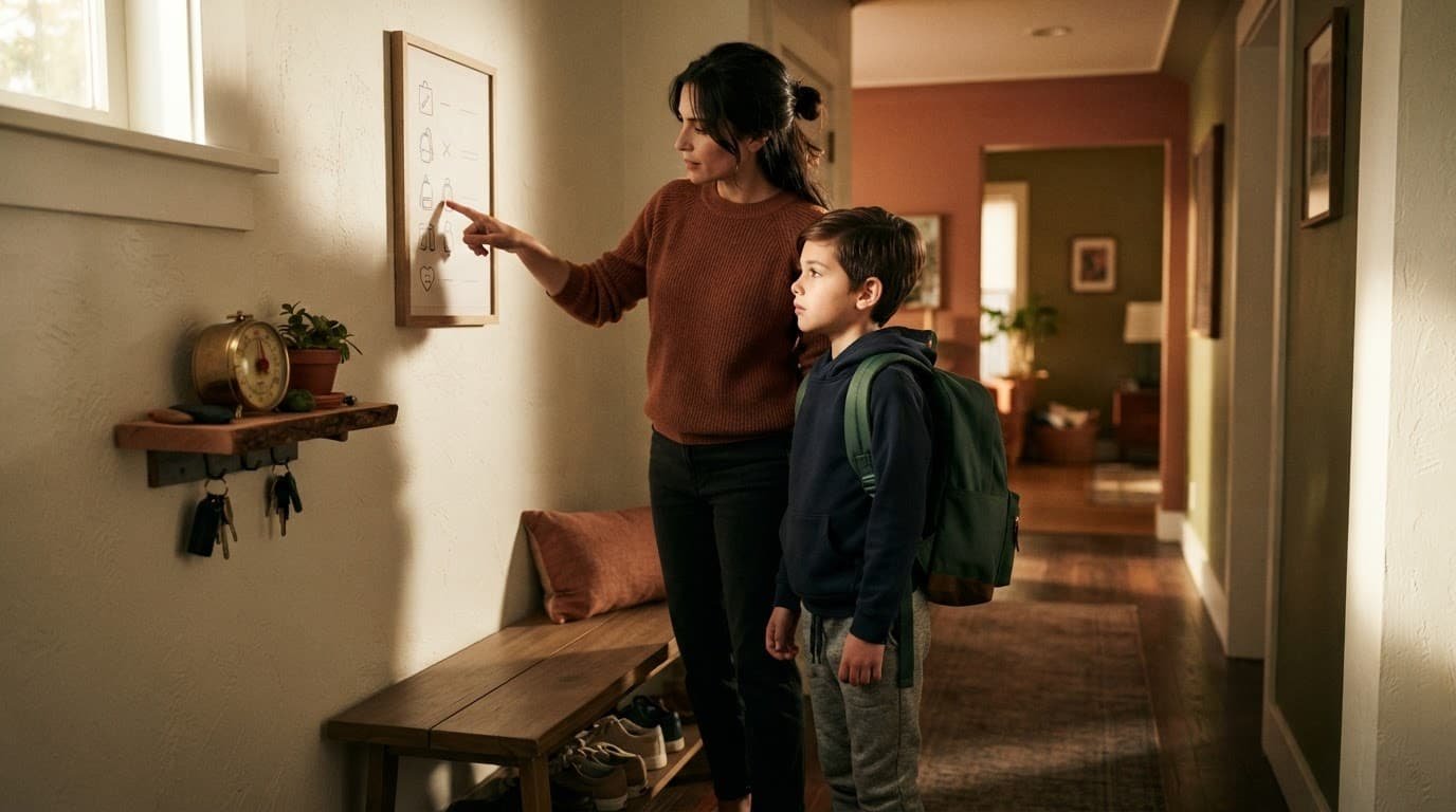 A parent points to a wall checklist as a child with a backpack waits nearby.