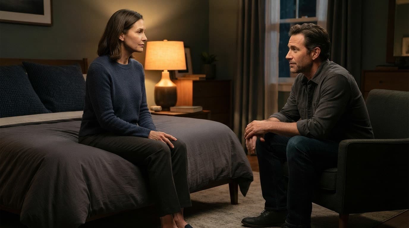 A woman and man sit apart in a warmly lit room, having a serious conversation.