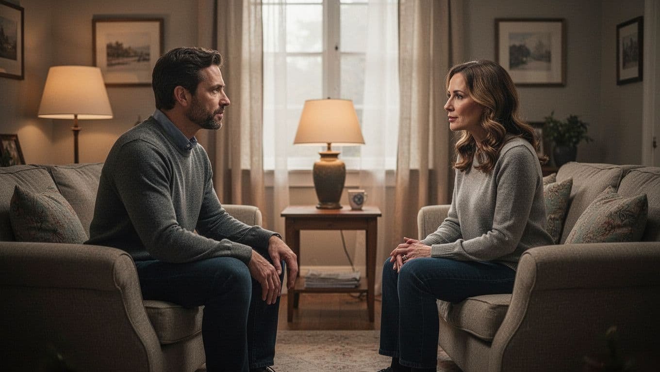 A couple sits apart in a warm living room, calmly talking and listening.