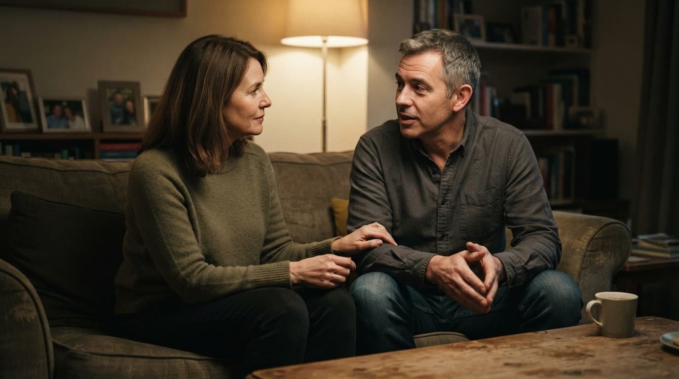 A couple sits together on a sofa, listening during a calm conversation.