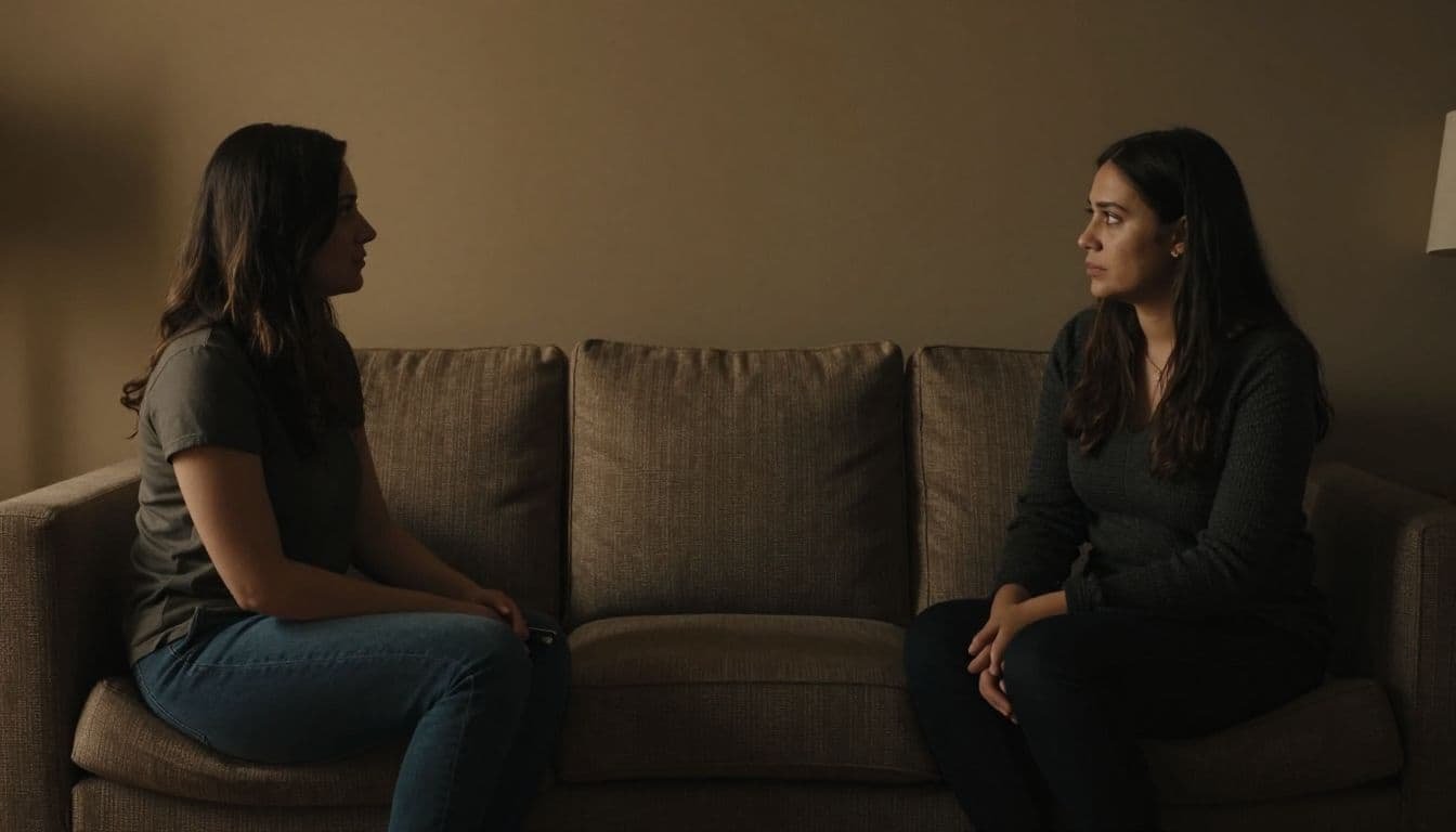 A couple having a calm, serious conversation in a warmly lit living room.