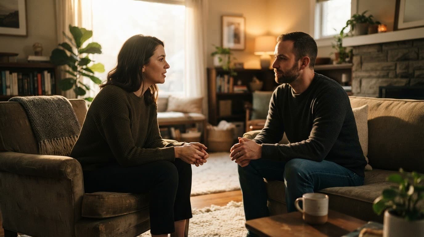 A couple having a calm conversation across from each other in a softly lit living room.