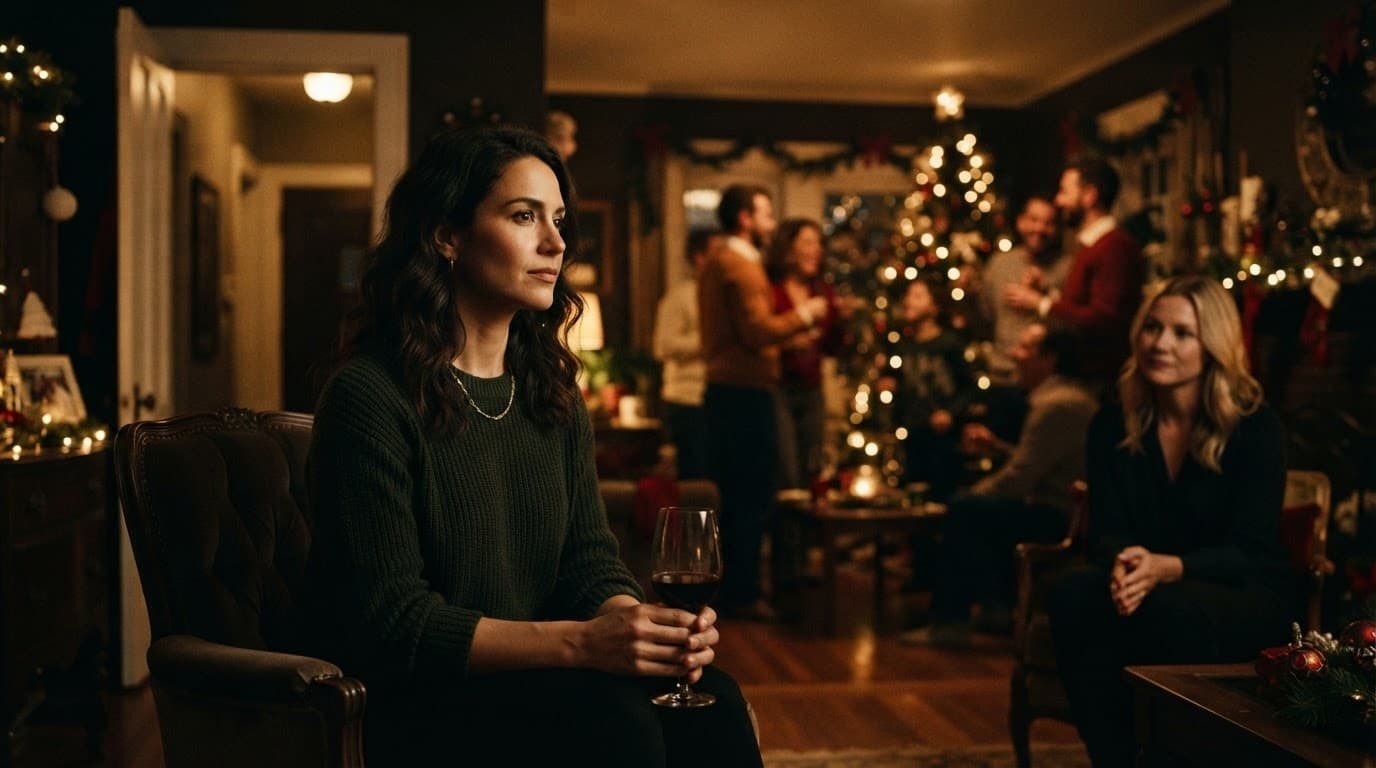 An adult sits apart at a warm holiday gathering beside an open doorway.