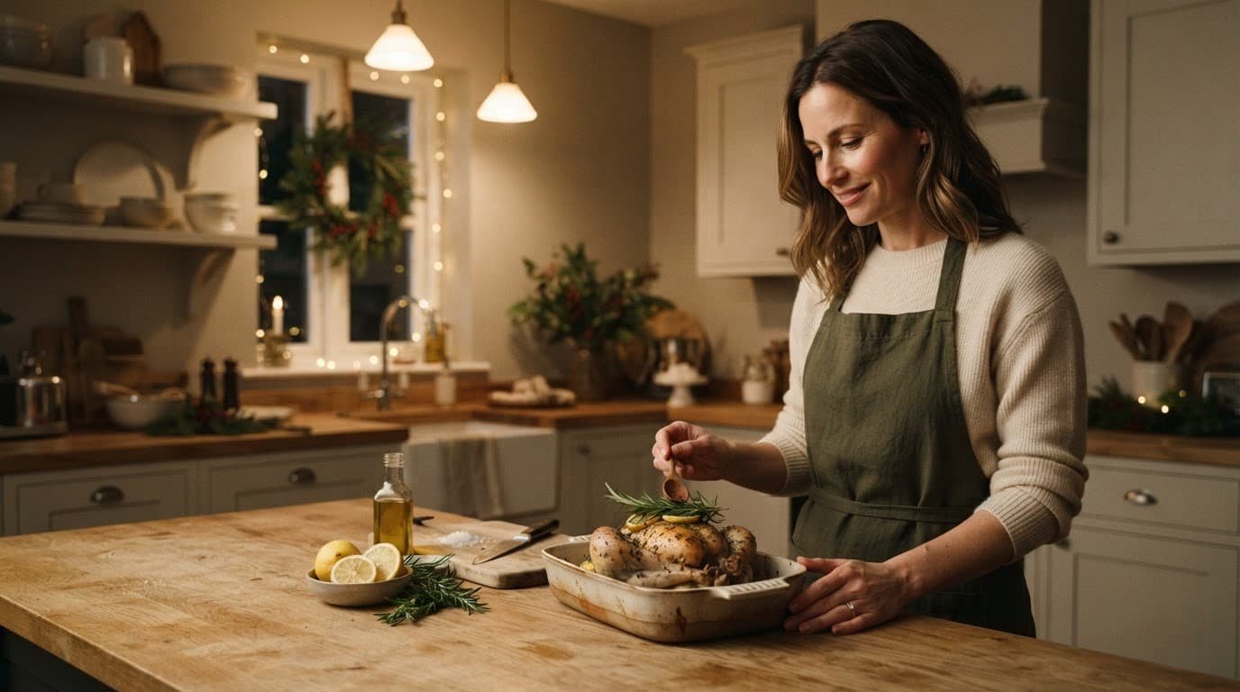One adult prepares a simple holiday meal at a warm kitchen counter.