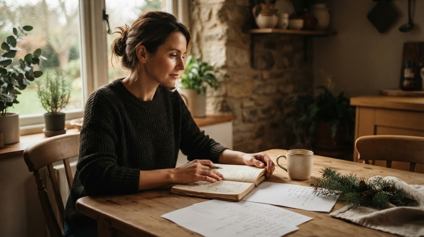 An adult plans quietly at a kitchen table with a notebook, papers, mug, and evergreen branch.