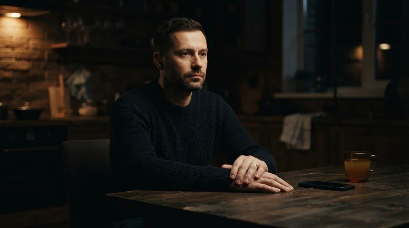 A man sits alone at a kitchen table with his hands resting near a phone.